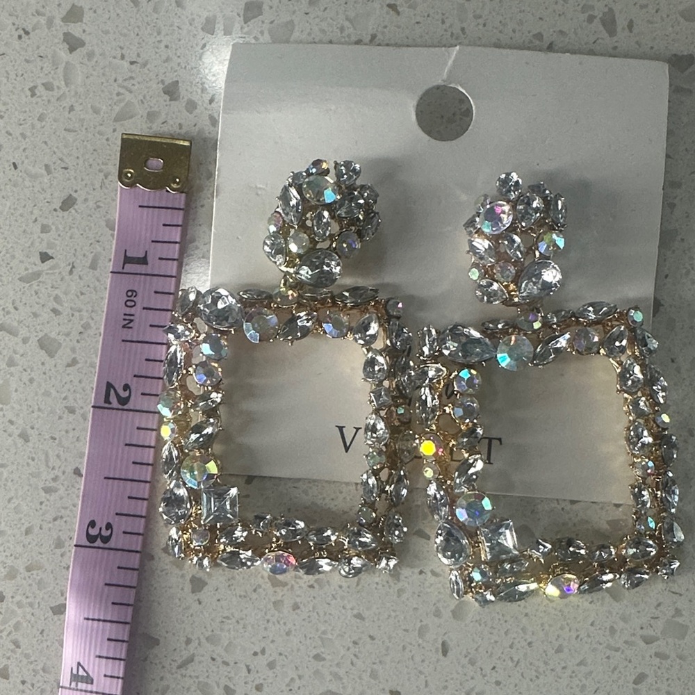 Crystal Square Drop Earrings - Clear Sparkle - Picture 2 of 2